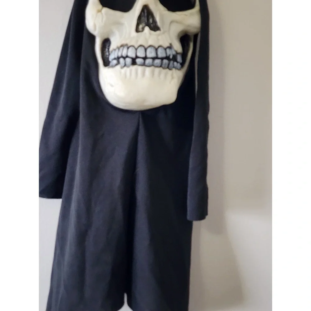 Vintage Grim Reaper Skull Mask Black Hooded Halloween Horror Costume Goth Decor
